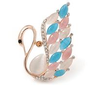 Gold Plated Multicoloured Cat Eye Stone, Clear Crystal Swan Brooch - 45mm L