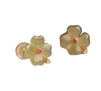 Gold Plated Natural Jade Four Leaf Clover Stud Earrings with Red Crystal