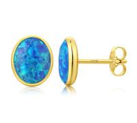 Gold Plated Opal Earrings 925 Sterling Silver Oval Opal Stud Earrings Blue Hypoallergenic Ear Studs Jewellery for Women 5 mm