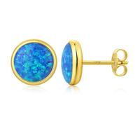 Gold Plated Opal Earrings 925 Sterling Silver Round Opal Stud Earrings Blue Hypoallergenic Ear Studs Jewellery for Women 8 mm