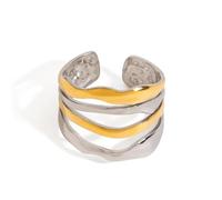 Gold Plated Open Ring for Women - Adjustable Stainless Steel Jewelry with Two-Tone Finish, Modern Minimalist Style for Stacking or Solo Wear