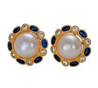Gold Plated Pearl Stud Earrings with Blue Crystal Accents, Flat Back Design for Sensitive Ears, Hypoallergenic, Birthday Gifts for Her, Jewelry Gift Box Included