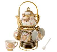 Gold Plated Red Rose Ceramic Tea Set, Vintage Tea Set with Teapot, Beautiful Tea Set Coffee Serving 6 People (Pink, Medium)