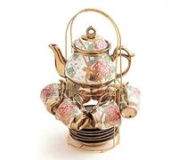 Gold Plated Red Rose Ceramic Tea Set, Vintage Tea Set with Teapot, Beautiful Tea Set Coffee Serving 6 People (Golden, Large)