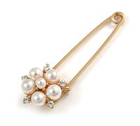 Gold Plated Safety Pin with Faux Pearl, Crystal Flower - 50mm