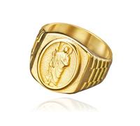Gold Plated St Benedict Signet Rings Stainless Steel for Men,Saint Exorcism Ring Christian Jesus Catholic Roman Demon Finger Rings,Statement Fashion Jewelry, L, yellow gold plated, No Gemstone