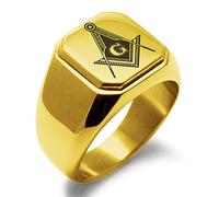 Gold Plated Stainless Steel Freemasons Masonic Royal Compass Symbol Engraved Square Flat Top Biker Style Polished Ring, Size Z2
