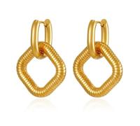 Gold Plated Stainless Steel Hoop Earrings For Women, Two-Link Interlocking Square Drop Dangle Textured Hollow Square Gift