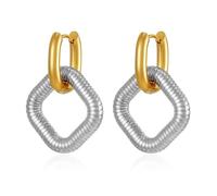 Gold Plated Stainless Steel Hoop Earrings For Women, Two-Link Interlocking Square Drop Dangle Textured Hollow Square Gift