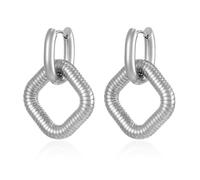 Gold Plated Stainless Steel Hoop Earrings For Women, Two-Link Interlocking Square Drop Dangle Textured Hollow Square Gift