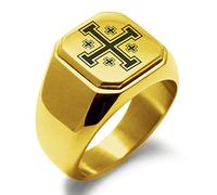 Gold Plated Stainless Steel Jerusalem Cross Symbol Engraved Square Flat Top Biker Style Polished Ring, Size V 1/2