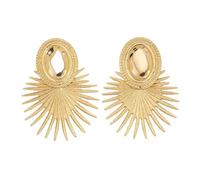 Gold Plated Sunburst Spike Drop Earrings Bold Oval Center Statement Textured Ray Design Retro Glam Jewelry for Women
