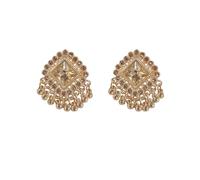 Gold Plated Vintage Geometric CZ Beaded Tassel Statement Dangle Drop Earrings for Women Sparkly Crystal Indian Chandelier Ethnic Retro Style Dangling Stud Traditional Fashion Jewelry, M, Metal Crystal
