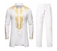 Gold Print Set for Men 2 Piece Long Sleeve Traditional Tunic Shirts and Drawstring Elasticated Waist Pants with Pocket Ethnic Suit Robe Trousers Set Medieval Victorian Retro Jacket