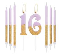 Gold Purple Birthday Candles, Gold Number 16 Candles with Long Candles, Purple Happy 16th Birthday Candles for Cake, Girls 16th Birthday Cake Decorations, Birthday Cake Toppers, Wedding Anniversary