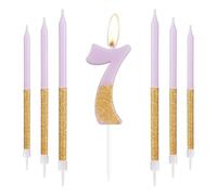 Gold Purple Birthday Candles, Gold Number 7 Candles with Long Candles, Purple Happy 7th Birthday Candles for Cake, Girls 7th Birthday Cake Decorations, 7th Birthday Cake Toppers, Wedding Anniversary