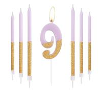 Gold Purple Birthday Candles, Gold Number 9 Candles with Long Candles, Purple Happy 9th Birthday Candles for Cake, Girls 9th Birthday Cake Decorations, 9th Birthday Cake Toppers, Wedding Anniversary