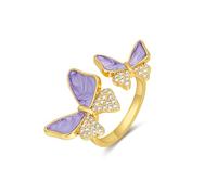 Gold Purple Enamel Floral Butterfly CZ FULLY ADJUSTABLE Statement Open Ring for Women by SNGIA, Violet Orchid Flower Leaf Summer Beach Handmade Unique Pinky Band, Lavender Chunky Stackable Cute Cuff