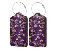 Gold-Purple Rose,Luggage Tags Pu Leather Name Tag Travel Suitcase Identifier ID Tags Durable Luggage Label 2 pcs