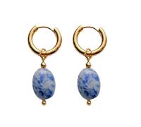 Gold PVD Stainless Steel Oval Natural Stone Dangling Hoop Earrings, Sold as a Pair, 20ga, Metal, No Gemstone