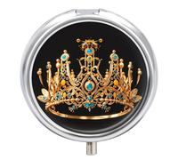 Gold Queen Bee Crown Pill Organizer 3 Compartment Travel Pillbox with Mirror Daily Medicine Pill Case Metal Pill Box for Purse & Pocket Portable Small Medicine Box Round Vitamin Case Container