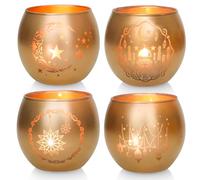 Gold Ramadan Candle Holders - Luxury Glass Tea Light Holders - Elegant Eid Mubarak Table Centrepiece - Islamic Gifts for Home Decor & Prayer Room - Mosque, Moon & Star Motifs