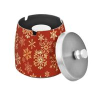 Gold Red Christmas Snowflakes Ashtray with Lid, Windproof Cigarette Ash Tray for Outdoor Indoor, Stainless Steel Ashtray for Home Office Balcony
