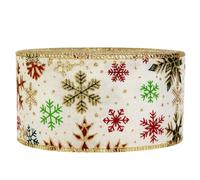 Gold Red Green Christmas Ribbon 2.5 Inch Wired Edge Snowflake Design - Glittery Hessian Fabric Ribbon Roll (2M) for Gift Wrapping, Tree Bows, Xmas Crafts, Cake Decorating & Holiday Decorations