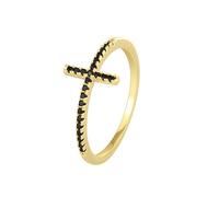 Gold Rings Women, Anillo de Promesa para Mujer Crucifix with Black Round Shape Agate 18K Yellow Gold Size O 1/2