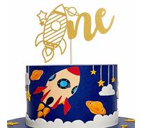 Gold Rocket One Cake Topper - Single-saide Gold Glitter 1st Birthday Rocket Cake Topper For Space Astronaut Themed Birthday Party, Baby Shower Party Cake Decoration, Gold Photo Booth Props
