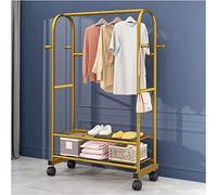 Gold Rolling Clothes Rack with Double Rod 4 Side Hooks & 3 Shelves - Versatile Floor Stand Hanger for Bedroom Closets & Open Wardrobes (Size: 120cm)