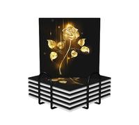 Gold Rose Print Ceramic Coaster Set Of 6,Suitable For Decorating Your Kitchen, Living Room, Bar, Hotel And Restaurant.