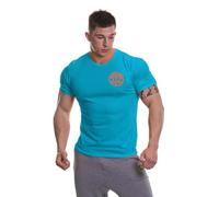 Gold’s Gym GGTS001 Mens Basic Left Chest Muscle Joe Print Logo Crew Neck T-Shirt, Turquoise/Orange, M