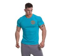 Gold’s Gym GGTS001 Mens Basic Left Chest Muscle Joe Print Logo Crew Neck T-Shirt, Turquoise/Orange, XXL