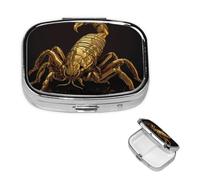 Gold Scorpion Pill Box with Mirror 2 Compartment Decorative Pill Case for Purse or Pocket Small Square Pill Organizer Weekly Metal Medicine Tablet Vitamin Holder Travel Gift