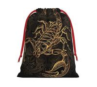 Gold Scorpion Print Christmas Drawstring Gift Bags, Xmas Holiday Fabric Gift Wrapping Bag For Party, Size-L