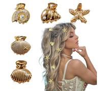 Gold Seashell Hair Clips Set with Pearl Accents, Starfish Design, Beach Theme Mini Hair Claws, 5 Pieces