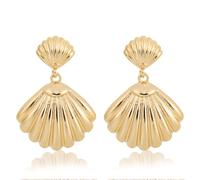 Gold Seashell Stud Earrings for Women, Vintage Conch Shell Huggie Earrings Scallop Dangle with Earring Backs Sea Life Jewelry Gift Boho Themed Summer Beach Seashore Accessories for Her