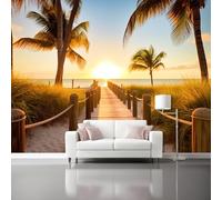 Gold Self-Adhesive Wallpaper Mural, Tropical Seashore Palm Trees Pier Patterned Wall Decor for Living Room Bedroom, Home Decoration Wall Stickers for Teen Kids Bedroom Playroom 300 x 210 cm