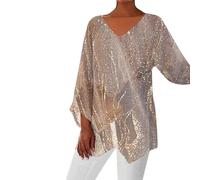 Gold Sequin & Glitter Sparkly Womens V Neck Ruffle Tunic Tops - Plus Size, Casual Loose Fit, Uneven Hem, 3/4 Sleeve, Summer Stylish Evening Party Tops