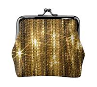 Gold Sequin Sparkle Print Double Clasp Metal Frame Leather Kiss Lock Change Pouch Wallet for Women with Keys, Small Purses