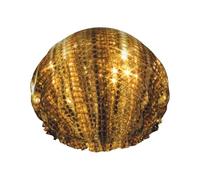 Gold Sequin Sparkle Print Reusable Double Layer Shower Hat Elastic Band Design, Fits Most Head Sizes