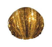 Gold Sequin Sparkle Print Shower Cap for Women & Men - Reusable Double-Layer Bath Hair Cap with Elastic Strap One Size