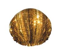 Gold Sequin Sparkle Printed Hair Cover, Dual Layer Bathing Cap For Thick Hair, Reusable Headgear For Women