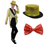 GOLD SEQUIN TAILCOAT + RED BOWTIE + GOLD TOP HAT - PERFECT FOR STAGE SHOW FILM TV HALLOWEEN COSTUME FANCY DRESS - SMALL