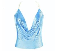 Gold Sexy Tops for Women Sparkly Deep V Neck Crop Tank Tops Cami Body Chain Top, Blue, M