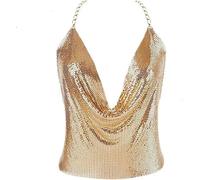 Gold Sexy Tops for Women Sparkly Deep V Neck Crop Tank Tops Cami Body Chain Top, Gold 2, M