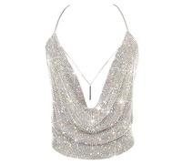 Gold Sexy Tops for Women Sparkly Deep V Neck Crop Tank Tops Cami Body Chain Top - Silver - Medium