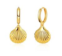 Gold Shell Dangle Hoop Earrings for Women Girls Gold Plated Boho Seashell Hoop Beach Statement Minimalist Polished Chunky Trendy Elegant Beach Dangling Earrings Hypoallergenic Lightweight Jewelry