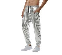 Gold Shiny Pant, Gold Silver Metallic Shiny Sweatpants with Drawstring Slim Fit Tracksuit Bottoms Party Nightclub Dj Rock Hip Hop Trousers Elasticated Waist Straight Leg Trousers